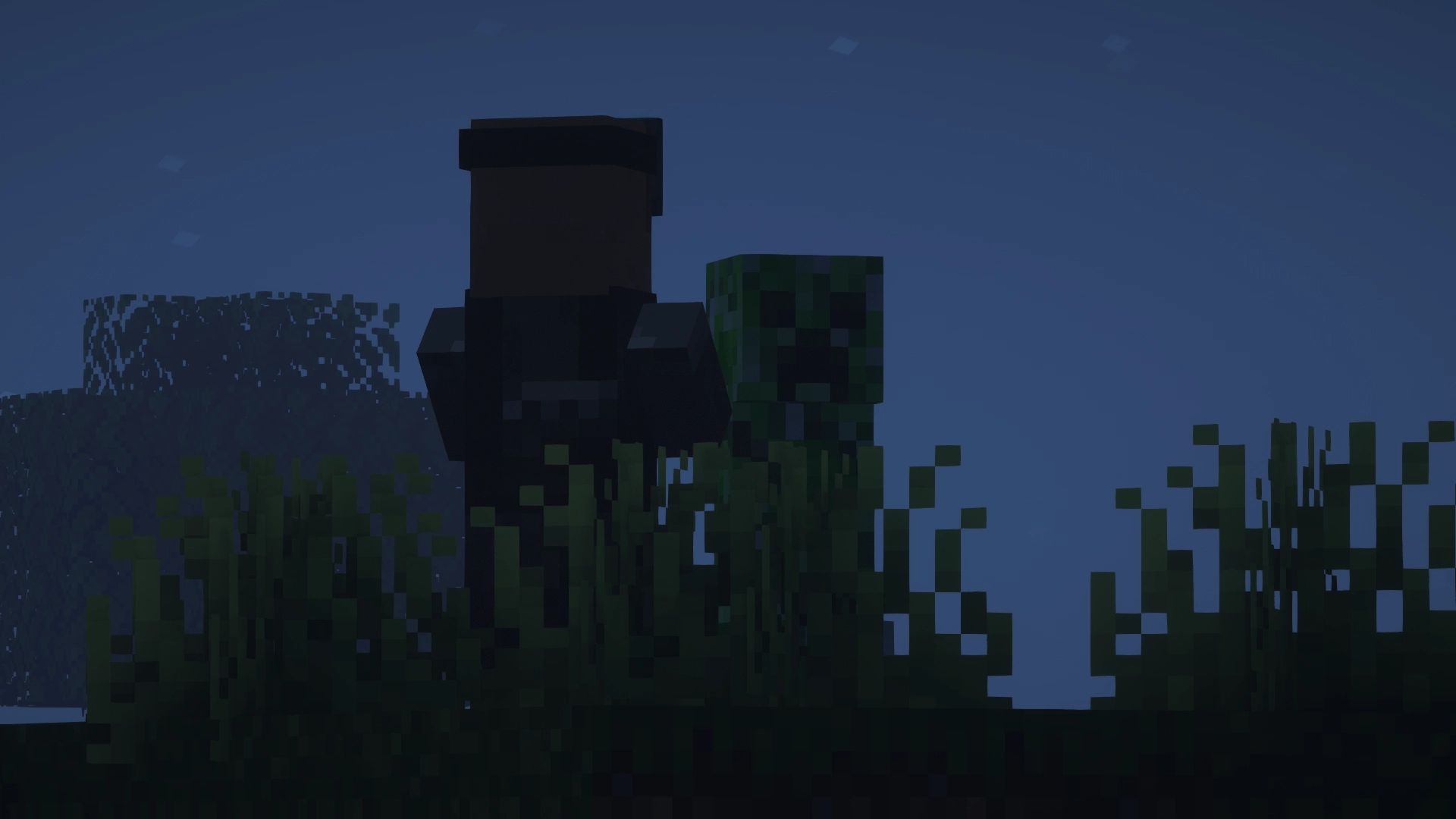 A blacksmith villager and a creeper standing right next to each other in the night. The villager is facing the creeper while it looks off into the distance, towards the right side of the camera.