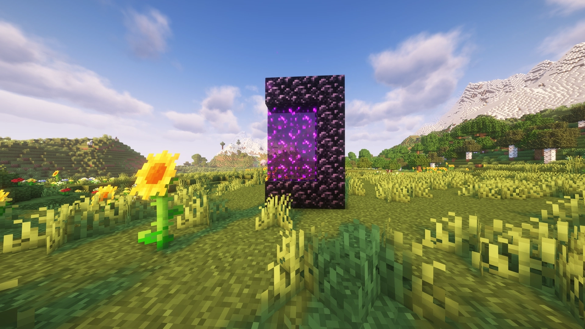 A Nether portal with its left side of Obsidian blocks missing but the portal is still intact