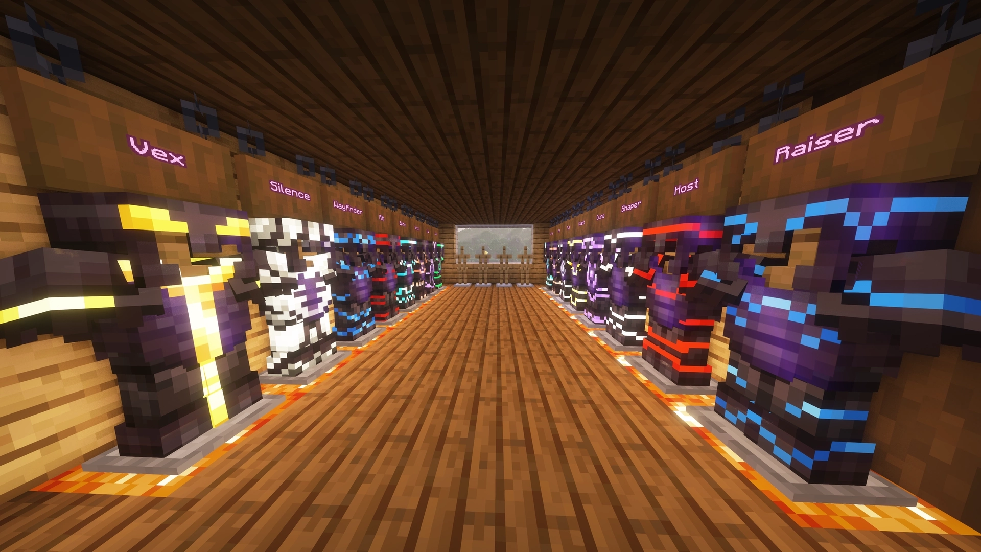 A short hallway of Spruce planks showcasing every single Armor Trim as of Minecraft 1.20.4